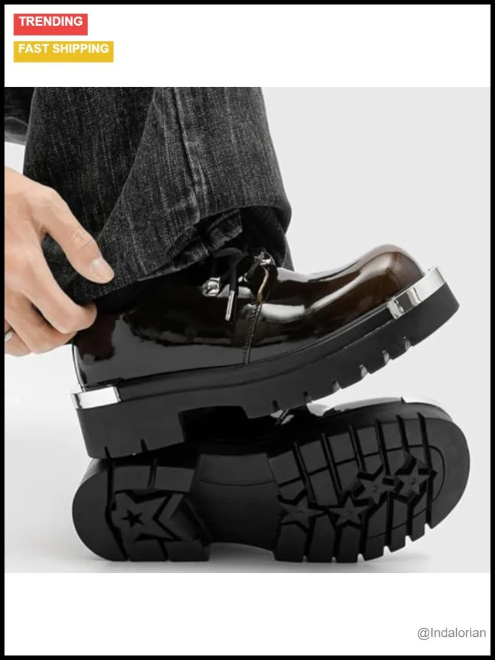 Men's Patent Leather Gradient Metal-Plate Platform Oxfords Non Slip Lug Sole